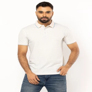 Off White Printed Mixed Cotton Polo Shirt